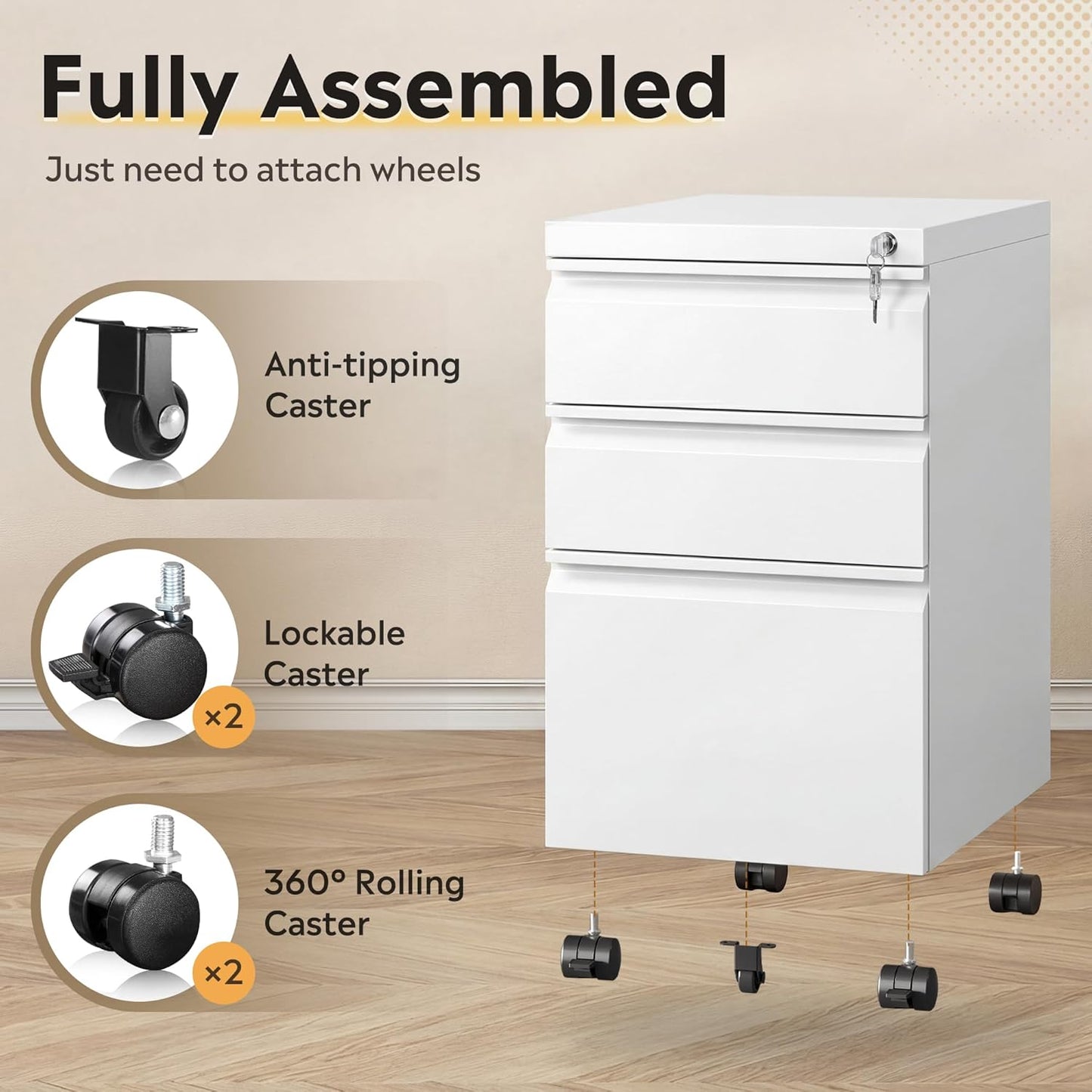 DEVAISE 3 Drawer Mobile File Cabinet Under Desk Office, Fully Assembled Except Casters, Letter/Legal Size, Black