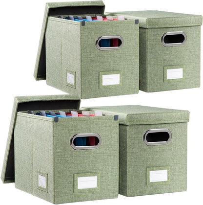 PRANDOM File Organizer Box - Collapsible Decorative Linen Filing Storage with Lids for Letter Size - Grey (14x9.3x10.8 inch)
