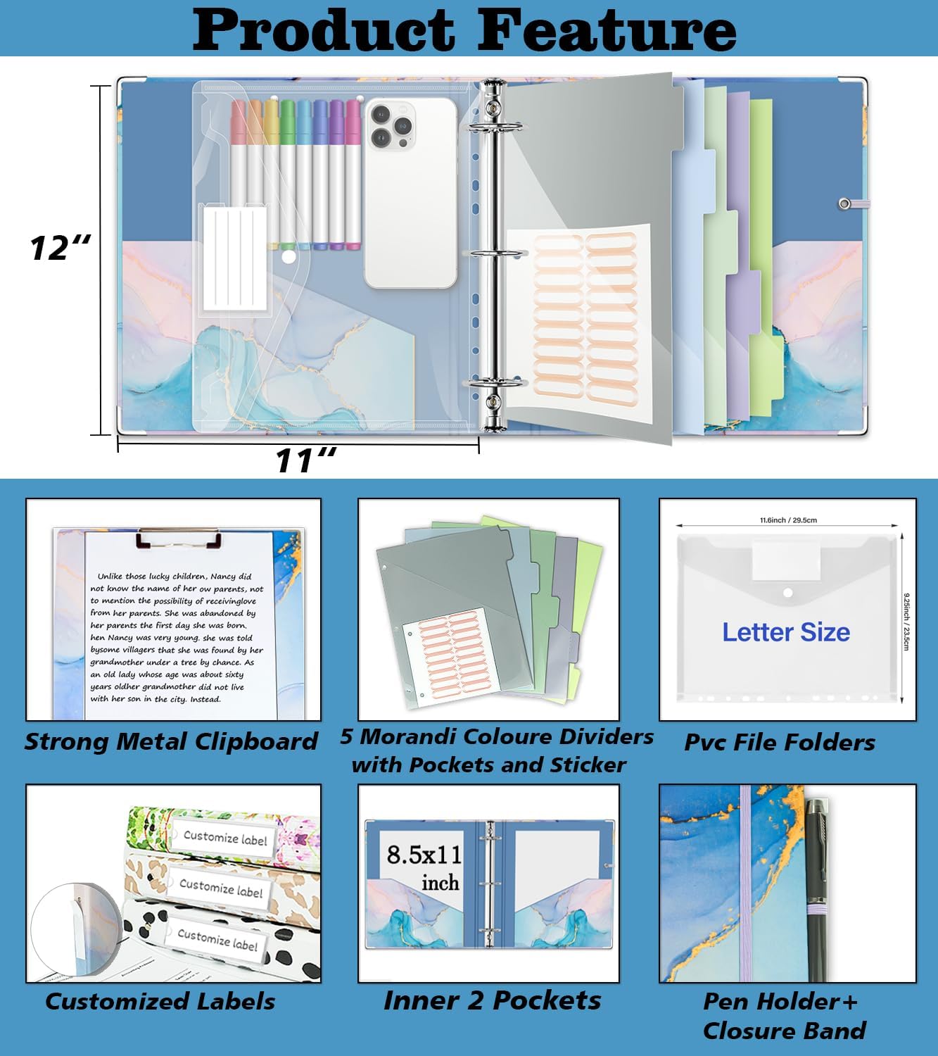 3 Ring Binder 1 Inch, Three Ring Binders Organizer with Clipboard, 5-Tabs Pockets Dividers, Plastic Folder, 18 Divider Stikers, BVSSX Pretty Binder with Pen Loop (Black Weeds, Letter Size)