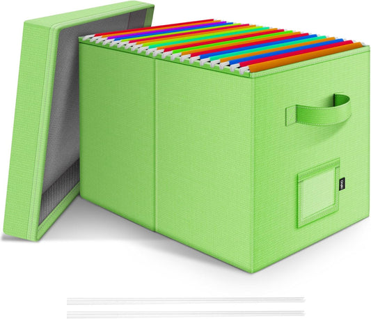 File Organizer Box with Lid, Linen Hanging File Storage Box with Handle, Collapsible Document Filling Box for Letter/Legal Folder, Portable File Box for Office/Decor/Home (1 Pack, Green)