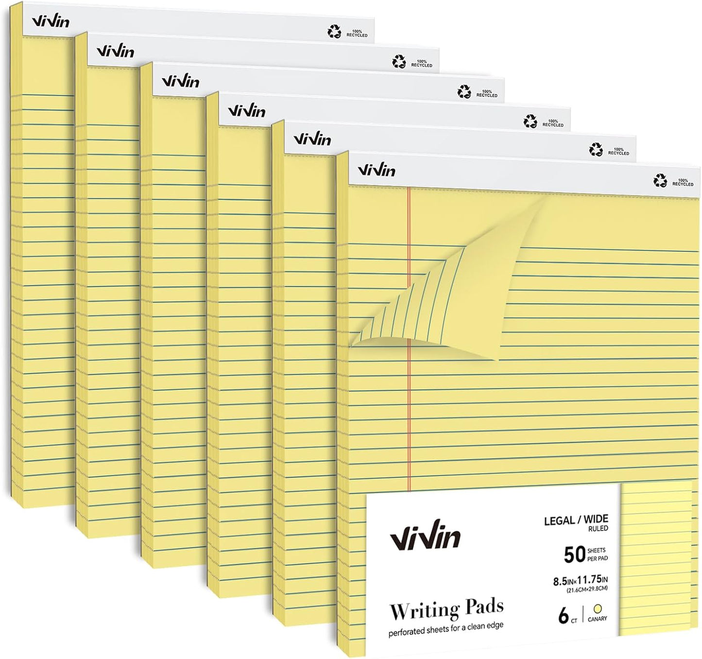ViVin Legal Pads 8.5 x 11 Inch, Wide Ruled Note Pads, 12 Pack, 50 Sheet/Pad, Perforated Writing Pads, Notepads for Office Home School, 600 Sheets, White Paper