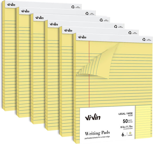 ViVin Legal Pads 8.5 x 11 Inch, Wide Ruled Note Pads, 12 Pack, 50 Sheet/Pad, Perforated Writing Pads, Notepads for Office Home School, 600 Sheets, White Paper