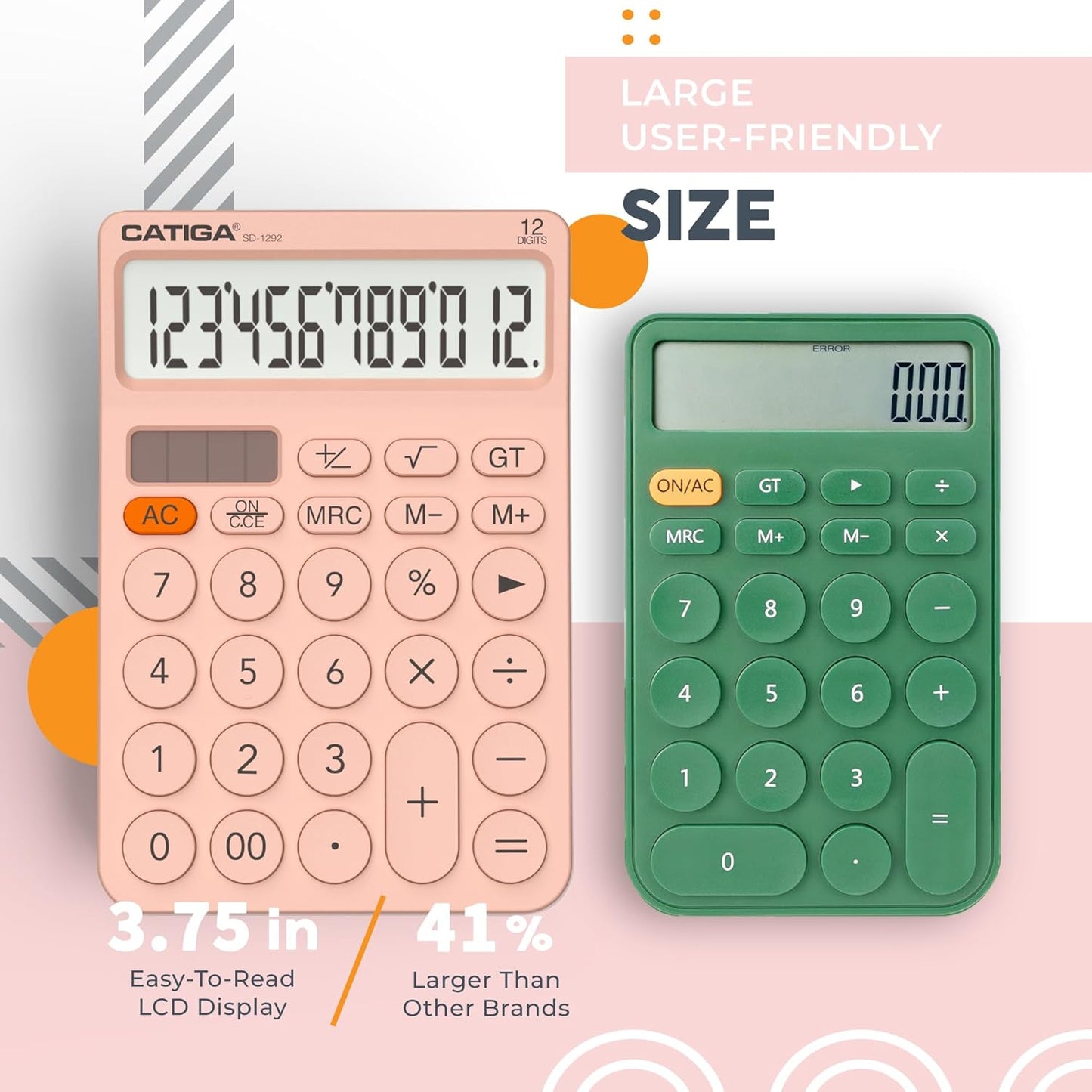 CATIGA 12 Digit Desktop Calculator Basic Desk Calculator with Large LCD Display, Big Buttons, 4 Function, Solar and Battery Dual Power, for Office, School, Home, SD-1292 Green