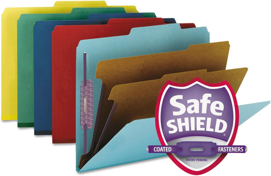 Smead Pressboard Classification File Folder with SafeSHIELD Fasteners, 2 Dividers, 2" Expansion, Letter Size, Gray/Green, 10 per Box (14076)