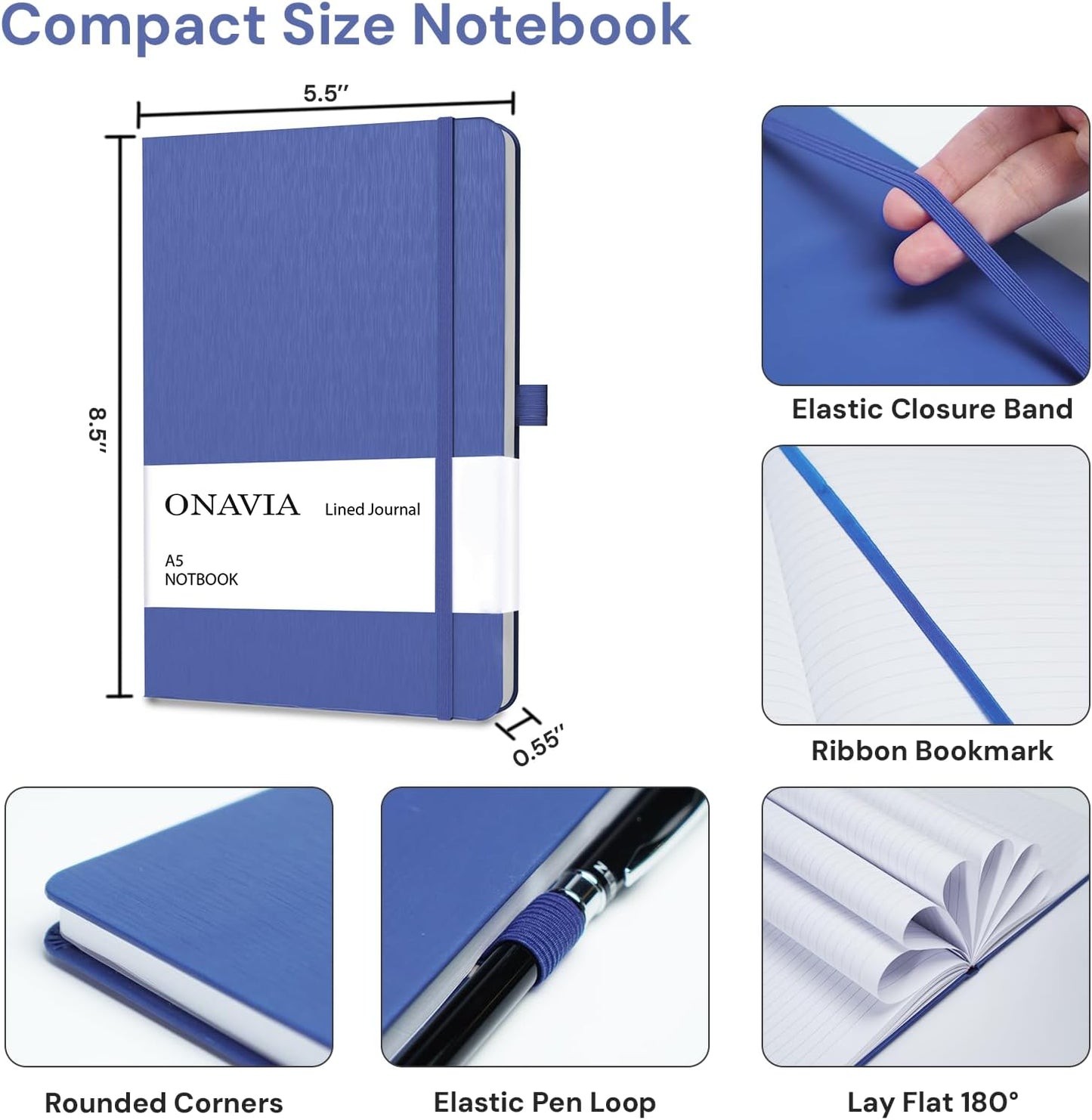 ONAVIA A5 College Ruled Notebook 3 Pack, Hardcover Lined Journals for School Notes, Study, Homework, Class Writing and Journaling, 160 Pages (80 Sheets), 5.8 x 8.3 in, Pink