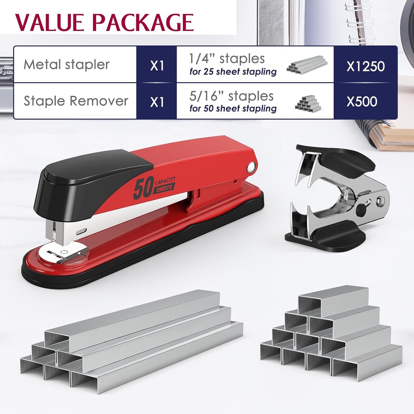 Metal Stapler Heavy Duty 50 Sheet Capacity with 1750 Staples and Staple Remover, Full Strip Staplers for Desk, No Jam, Non-Slip for Office & Classroom, Black