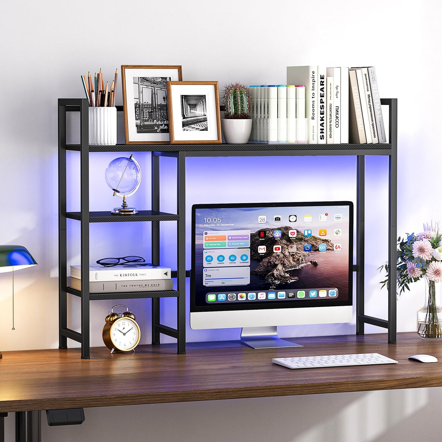 Snughome Desk Shelf, 38.6" Desktop Organizer Shelf, Desk Hutch for Computer Monitor, 4 Tier Desk Display Rack, Wood Desktop Bookshelf Storage Rack for Home Office Dorm, Rustic Brown | Desk Hutch, Computer Monitor, Desktop Display Rack, Home Office Dorm