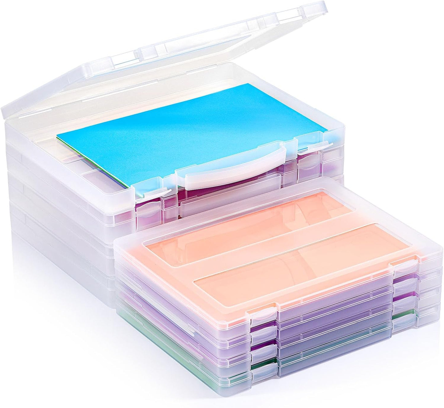 iBune 4-Pack A4 Plastic Paper Organizer Box, Scrapbook Storage for 8.5” x 11” Letter Papers, Portable Document Holder, Photo Storage Box Sticker Art Supplies Organizers, 12.2” x 8.9” x 0.7” Inner Size