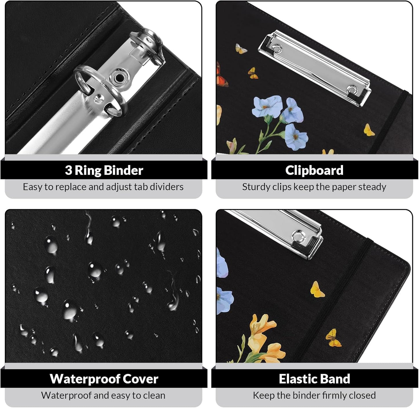 SKYDUE 1 Inch 3-Ring Binder with Clipboard, PU Aesthetic Binder with 5 Dividers, Notepad, Stickers & Pockets for Work and School (Letter Size)