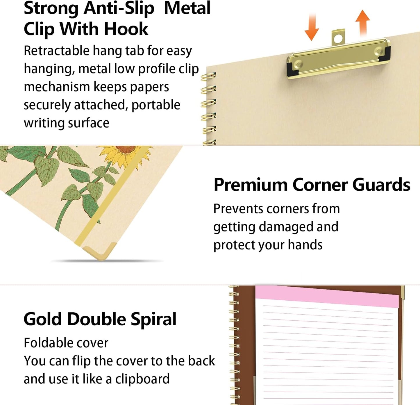 Clipboard Folder with Notepad Refillable Lined for Letter Size (11" x 8.5"), 5 Dividers with Storage 10 Pockets, Cute Spiral Foldable Clipboard with Metal Clip School Office Supplies (Sunflowers)