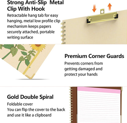 Clipboard Folder with Notepad Refillable Lined for Letter Size (11" x 8.5"), 5 Dividers with Storage 10 Pockets, Cute Spiral Foldable Clipboard with Metal Clip School Office Supplies (Sunflowers)