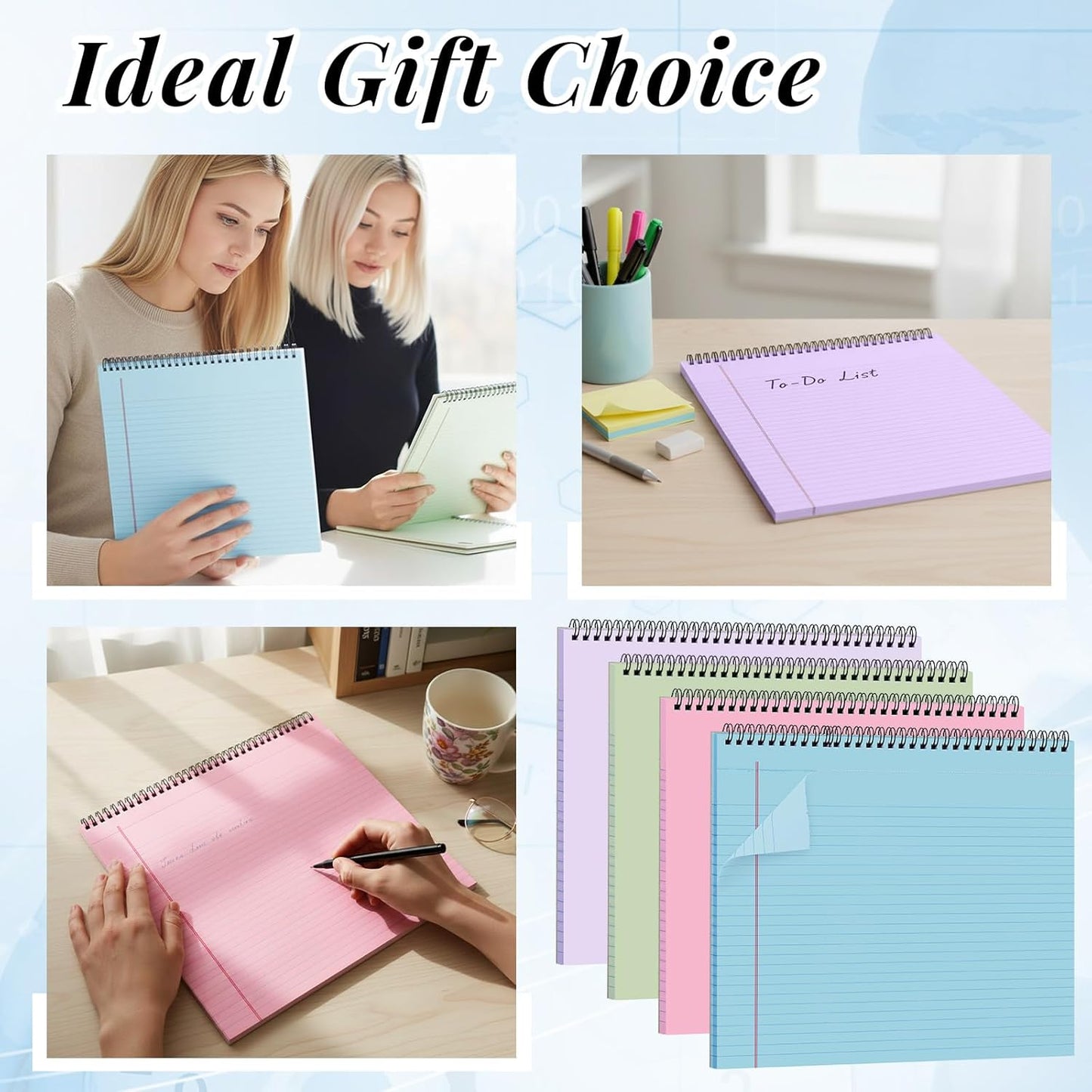 MotiMind 4 Pcs Legal Pads Landscape Notebooks Hole Punched Top Spiral Bound Notebooks 11 x 9.5 Inch College Ruled Drawing Notepad Tear Line for Removal 50 Sheet Office Steno Book(White)