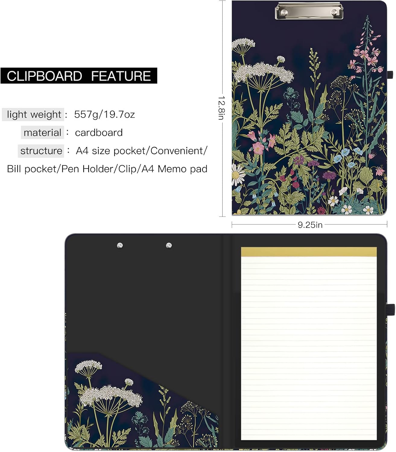 Hongri Clipboard Folio with Refillable Lined Notepad and Interior Storage Pocket for Students, Classroom, Office, Women, Man, Cute Custom Pattern, Size 12.8 x 9.2 in, Classic Flower