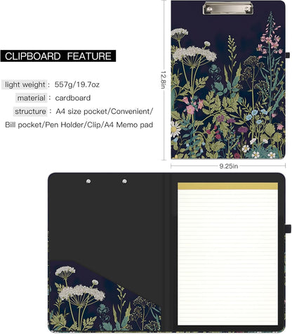 Hongri Clipboard Folio with Refillable Lined Notepad and Interior Storage Pocket for Students, Classroom, Office, Women, Man, Cute Custom Pattern, Size 12.8 x 9.2 in, Classic Flower