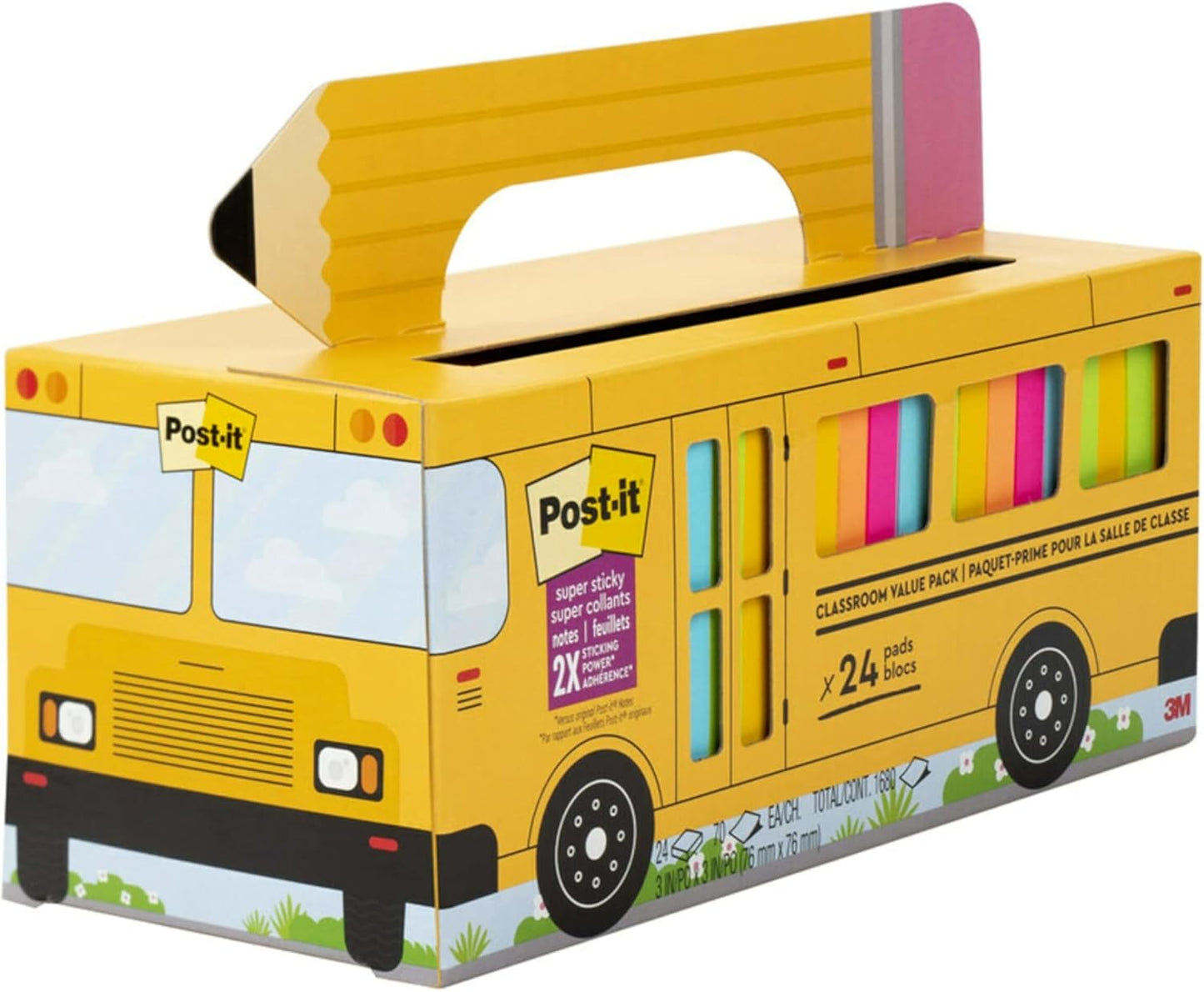 Post-it Super Sticky Notes, 24 Sticky Note Pads, 3 x 3 in, School Supplies, Office Products, Notes for Vertical Surfaces, Monitors, Walls and Windows, Bus Cabinet Pack