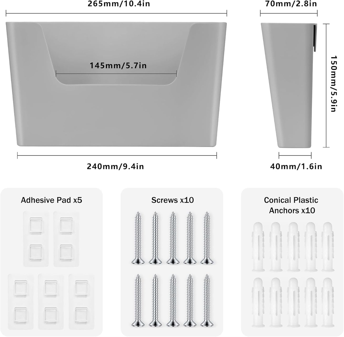Jomola No Drilling Wall Mount File Holder - Office Wall Hanging Files & Magazines Organizer - Plastic Door Mount with Adhesive Pad, Gray (1 Count)