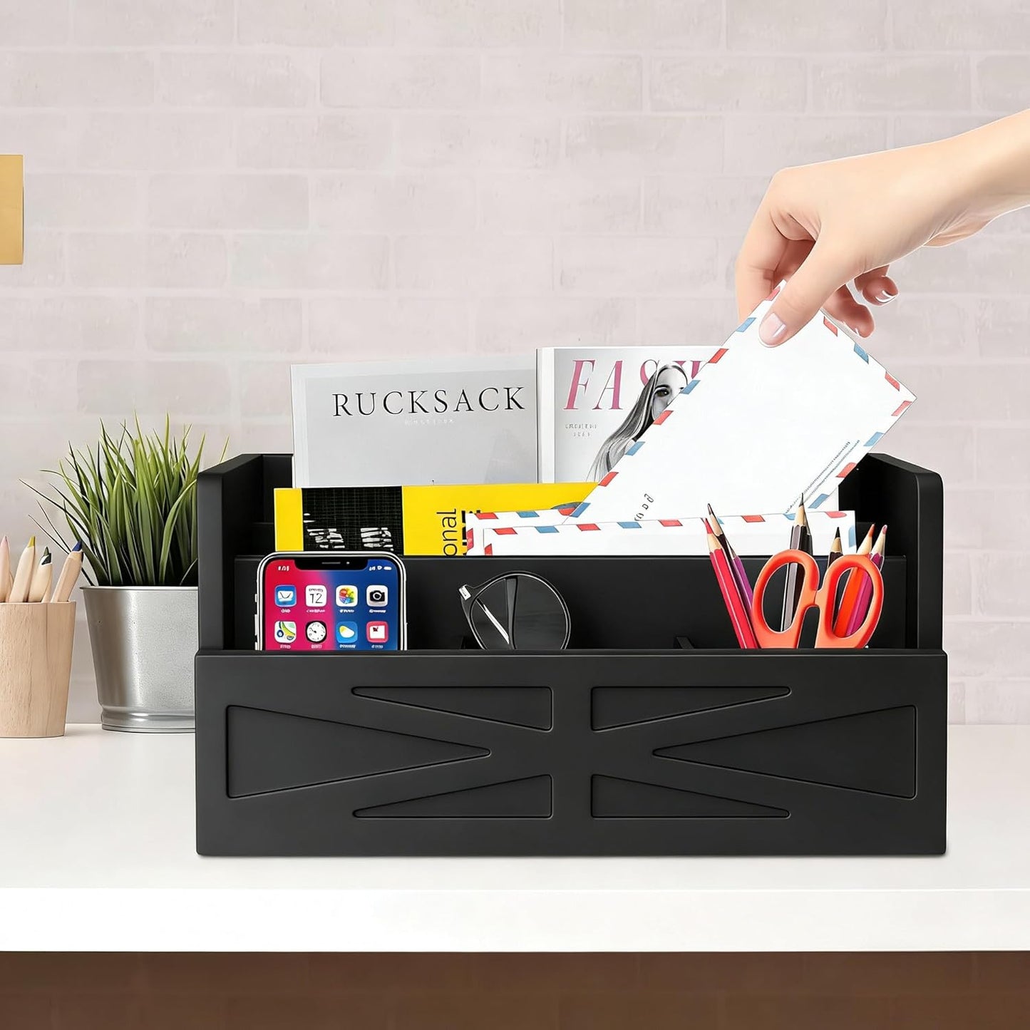 Rustic Wood Mail Organizer Countertop with 4 Slots, Black Mail Holder for Desk, Removable Dividers Mail Sorter, Letter Bill File Organizer for Home Office Classroom, Desktop Organizer with Free Labels