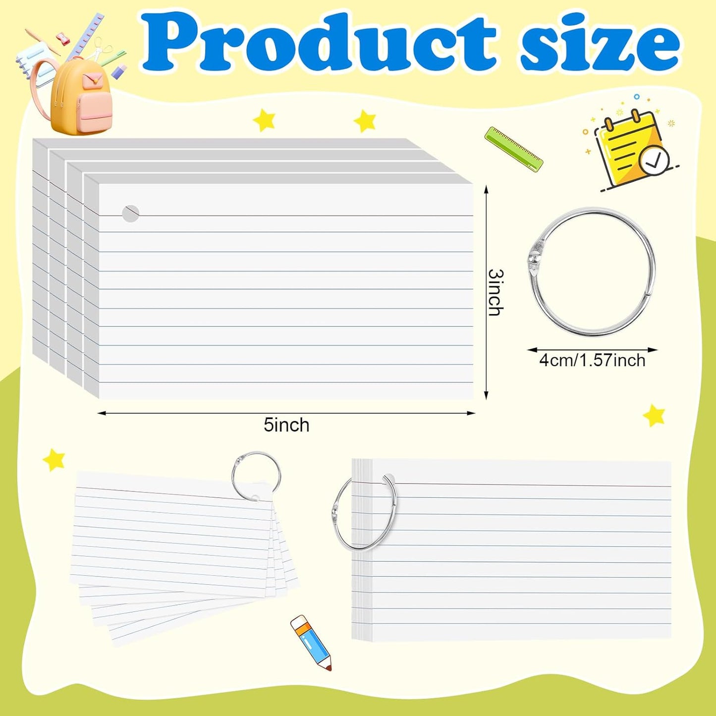 Colored Index Cards 3x5 Inch Heavyweight Flash Cards with Ring Lined Flashcards Note Cards for Studying School Supplies College, 200 Count