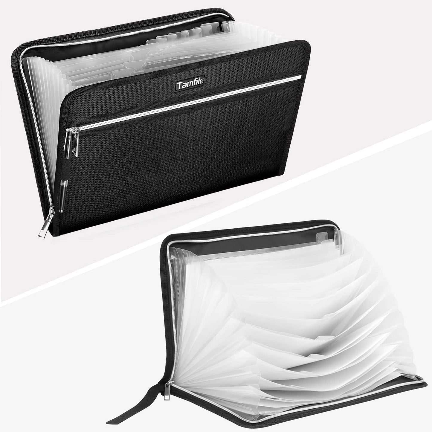 Tamfile Fireproof Accordion File Organizer with Handle, 13 Pocket Transparent Expanding File Folder with Zipper & Labels, File Folder with Multi-Pockets Paper Organizer Folder for Letter A4 Files