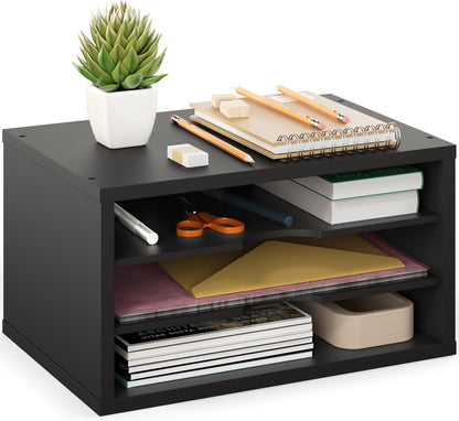 Ballucci File Organizer, 4-Tier Office Desk Organizer, Open Top Wood Paper Organizer for Classroom, Desktop Mail Sorter Paper Tray, Black