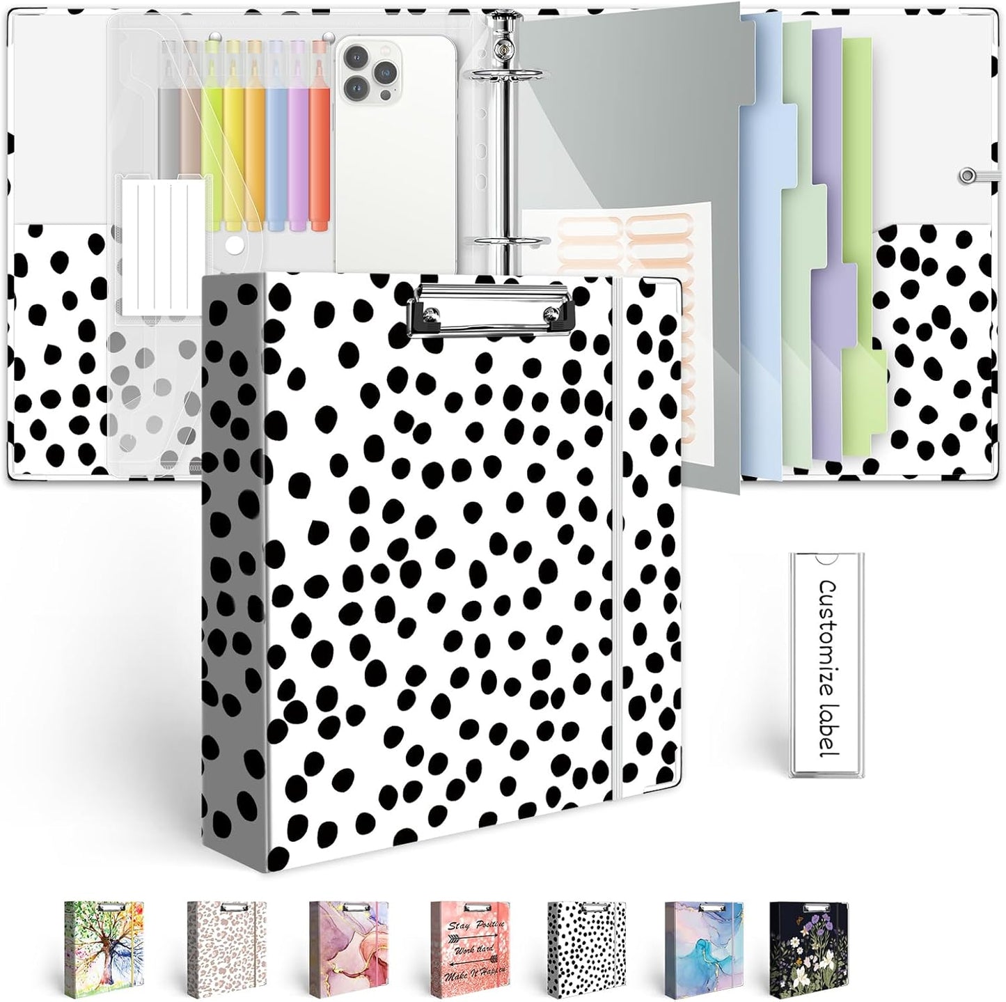 3 Ring Binder 1 Inch, Three Ring Binders Organizer with Clipboard, 5-Tabs Pockets Dividers, Plastic Folder, 18 Divider Stikers, BVSSX Pretty Binder with Pen Loop (Black Weeds, Letter Size)