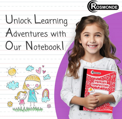 Rosmonde 12 Pack Primary Composition Notebooks, 200 Pages (100 Sheets), Primary Ruled Composition Notebook, 9-3/4" x 7-1/2", Grades K-2, Writing Dotted Lined, Assorted, Colors May Repeat