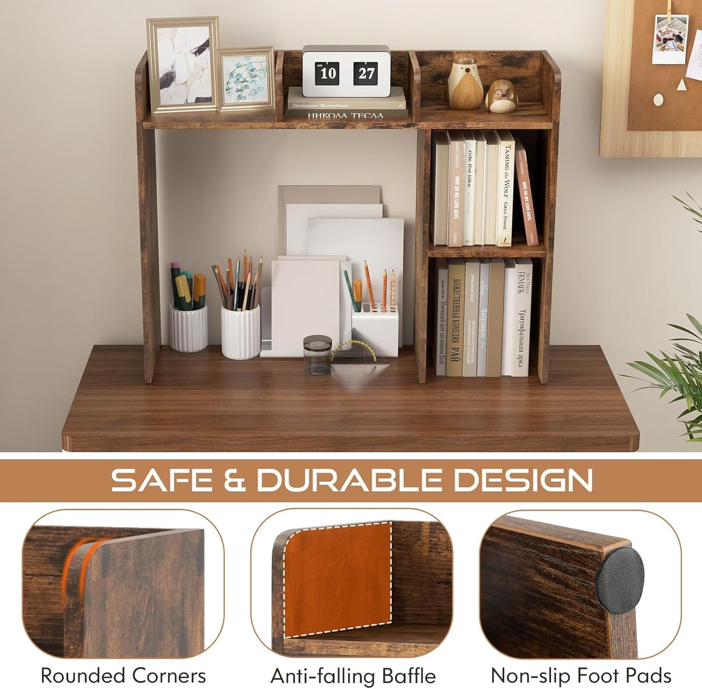 Tangkula Desktop Bookshelf, Countertop Storage Hutch with 5 Shelves for Computer Desk, Desk 3-Tier Display Rack, Multipurpose Wood Desktop Hutch Storage Organizer for Dorm Office Home