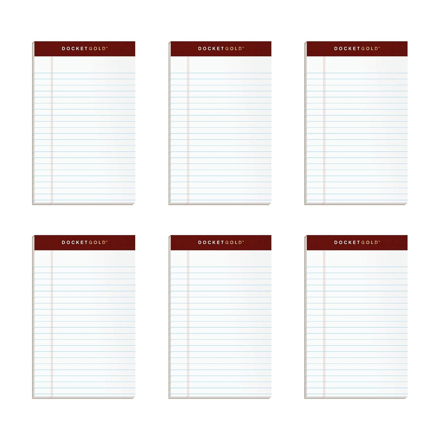 TOPS Docket Gold Writing Pads, 5" x 8", Jr. Legal Rule, 50 Sheets, 6 pack (99705), White