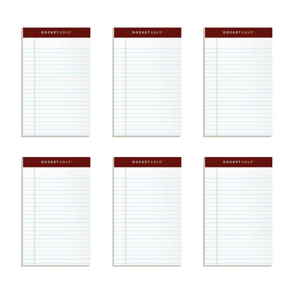 TOPS Docket Gold Writing Pads, 5" x 8", Jr. Legal Rule, 50 Sheets, 6 pack (99705), White