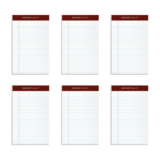 TOPS Docket Gold Writing Pads, 5" x 8", Jr. Legal Rule, 50 Sheets, 6 pack (99705), White