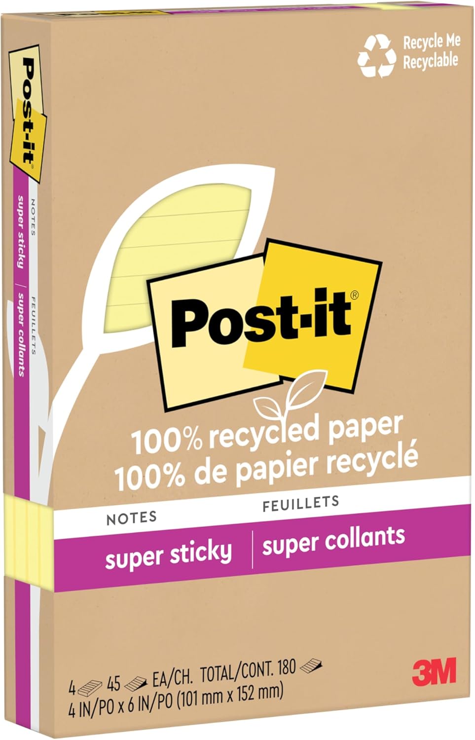 Post-it 100% Recycled Paper Super Sticky Notes, Lined, 4 in. x 6 in., 4 Pads, 45 Sheets per Pad, Wanderlust Pastels, School Supplies and Office Products