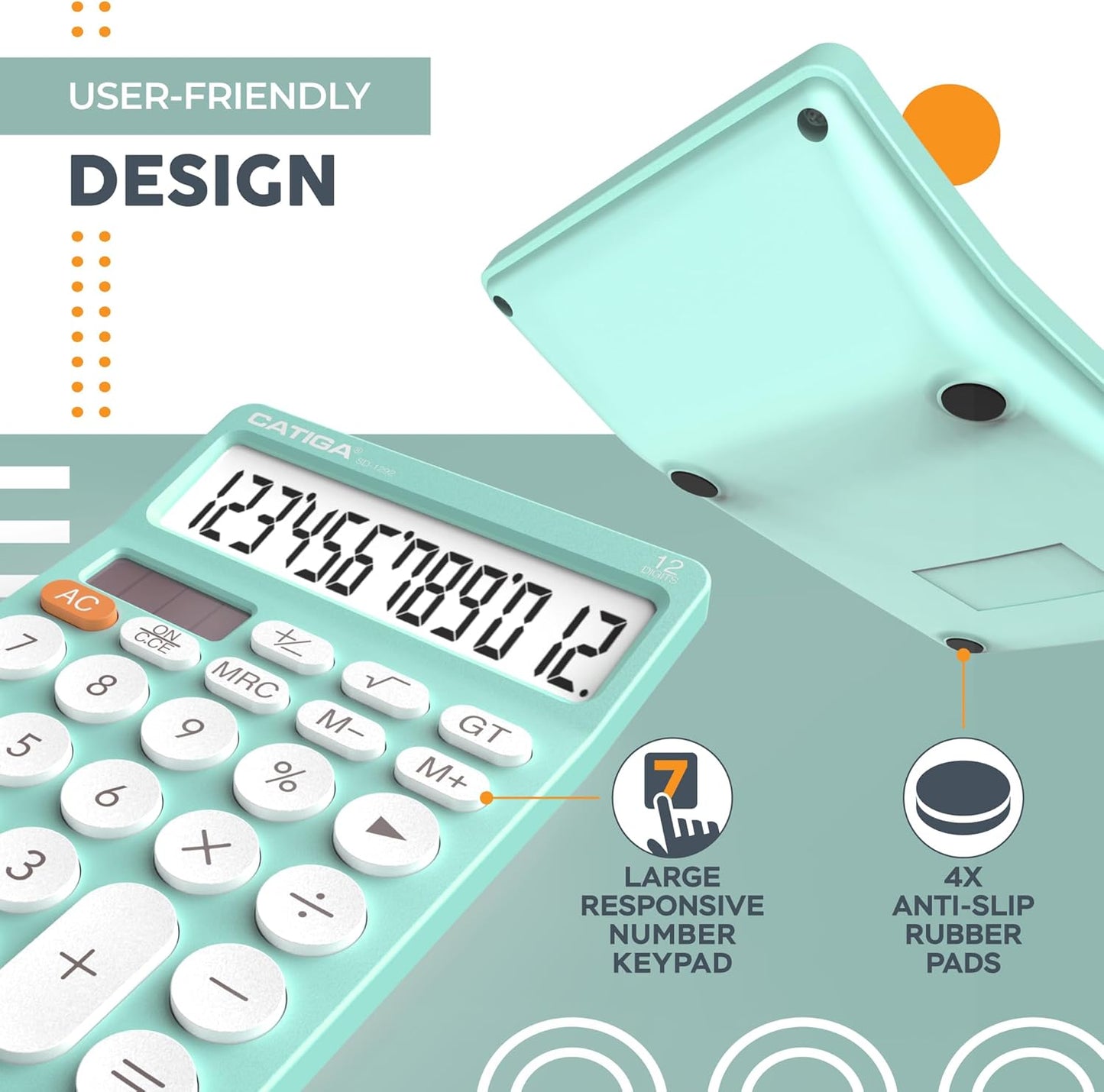 CATIGA 12 Digit Desktop Calculator Basic Desk Calculator with Large LCD Display, Big Buttons, 4 Function, Solar and Battery Dual Power, for Office, School, Home, SD-1292 Green