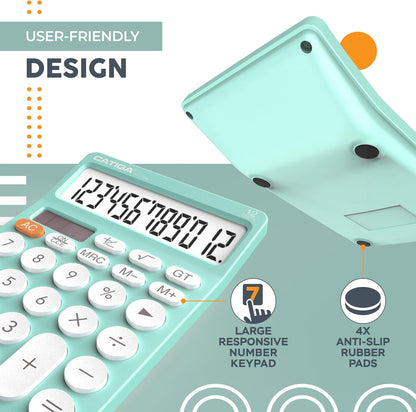 CATIGA 12 Digit Desktop Calculator Basic Desk Calculator with Large LCD Display, Big Buttons, 4 Function, Solar and Battery Dual Power, for Office, School, Home, SD-1292 Green