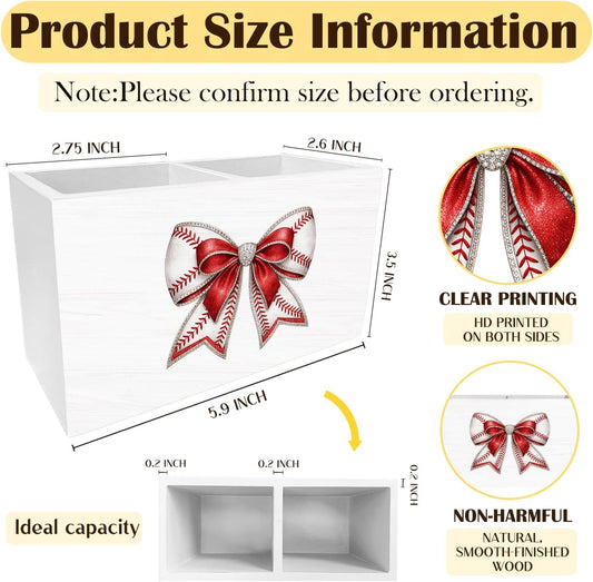 Coquette Football Bow Pen Holder for Desk, Football Lovers Players Gifts Pencil Organizer, Preppy Bow Sports Wooden Box Sign Desk Decor for Girls Dorm Home Office Decoration
