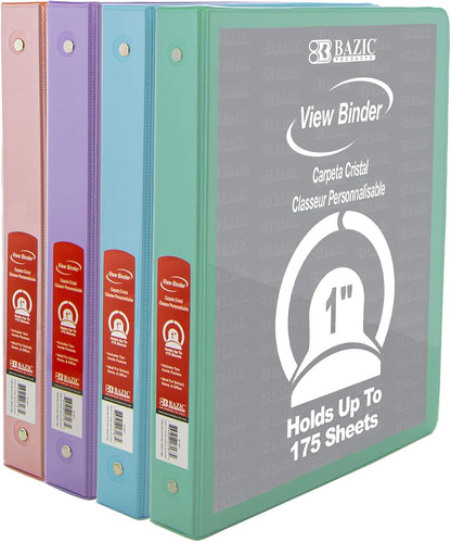 BAZIC Products 3 Ring Binder 1" Economy View Binders Organizer - Pastel Color, Round Ring, Hold 175 Sheets Paper, for School Office Home, 4-Count