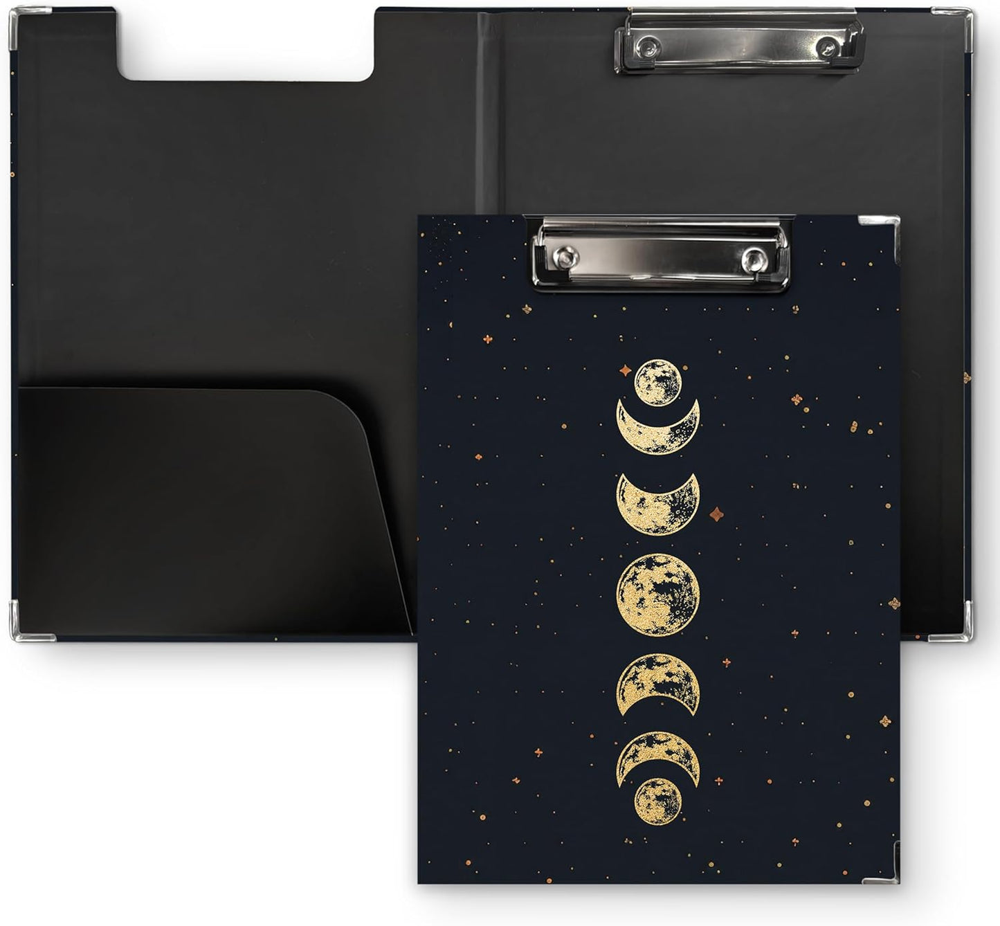 Gothic Moon Phase Clipboard Folio with Storage, Witchy Moon Decorative Clipboard Folder, Gothic Black Gold Clipboards for Women, Witchy Gifts Office Supplies, 12.4x9.2In