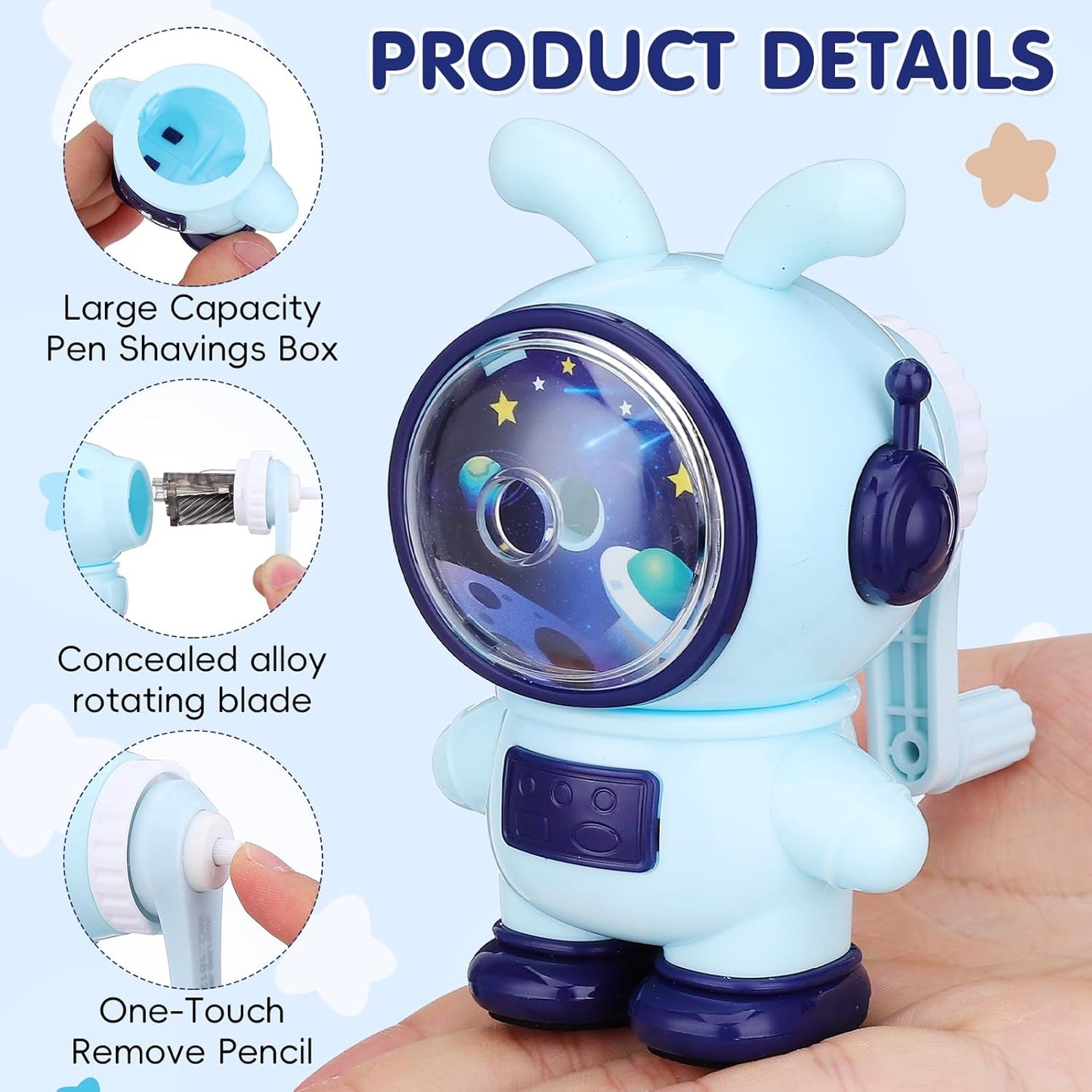 jojofuny Cute Rabbit Astronaut Pencil Sharpener for Kids - Heavy Duty Manual Hand Crank with 3 Sharpness Levels, Large Shavings Tray - Cool Space Theme School Supplies Gift for Boys & Girls