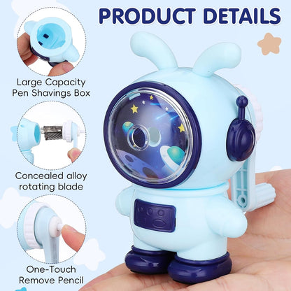 jojofuny Cute Rabbit Astronaut Pencil Sharpener for Kids - Heavy Duty Manual Hand Crank with 3 Sharpness Levels, Large Shavings Tray - Cool Space Theme School Supplies Gift for Boys & Girls