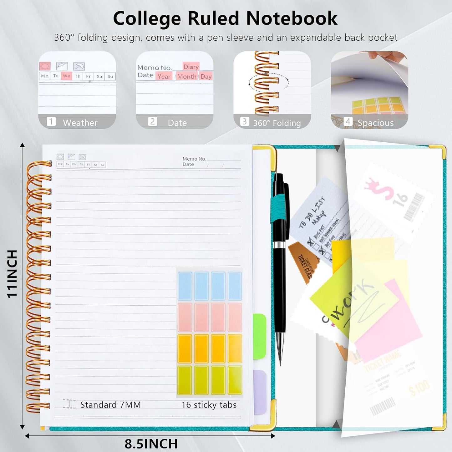 Hardcover Spiral Notebook College Ruled, 8"x10" Leather Journal Notebook with Magnetic Closure, 300 Pages 5 Subject Notebook with Dividers Tabs Journal for Women Men, Work, School(Rose Red)