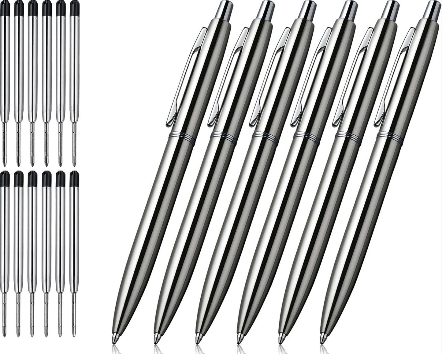 ChaoQ 3 Pcs Retractable Metal Ballpoint Pens, for Gift, Business, Office, 1.0mm Medium Point Black Ink, 6 Extras Replaceable Metal Refills - Stainess Steel