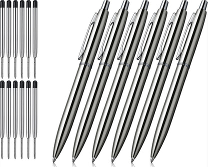 ChaoQ 3 Pcs Retractable Metal Ballpoint Pens, for Gift, Business, Office, 1.0mm Medium Point Black Ink, 6 Extras Replaceable Metal Refills - Stainess Steel