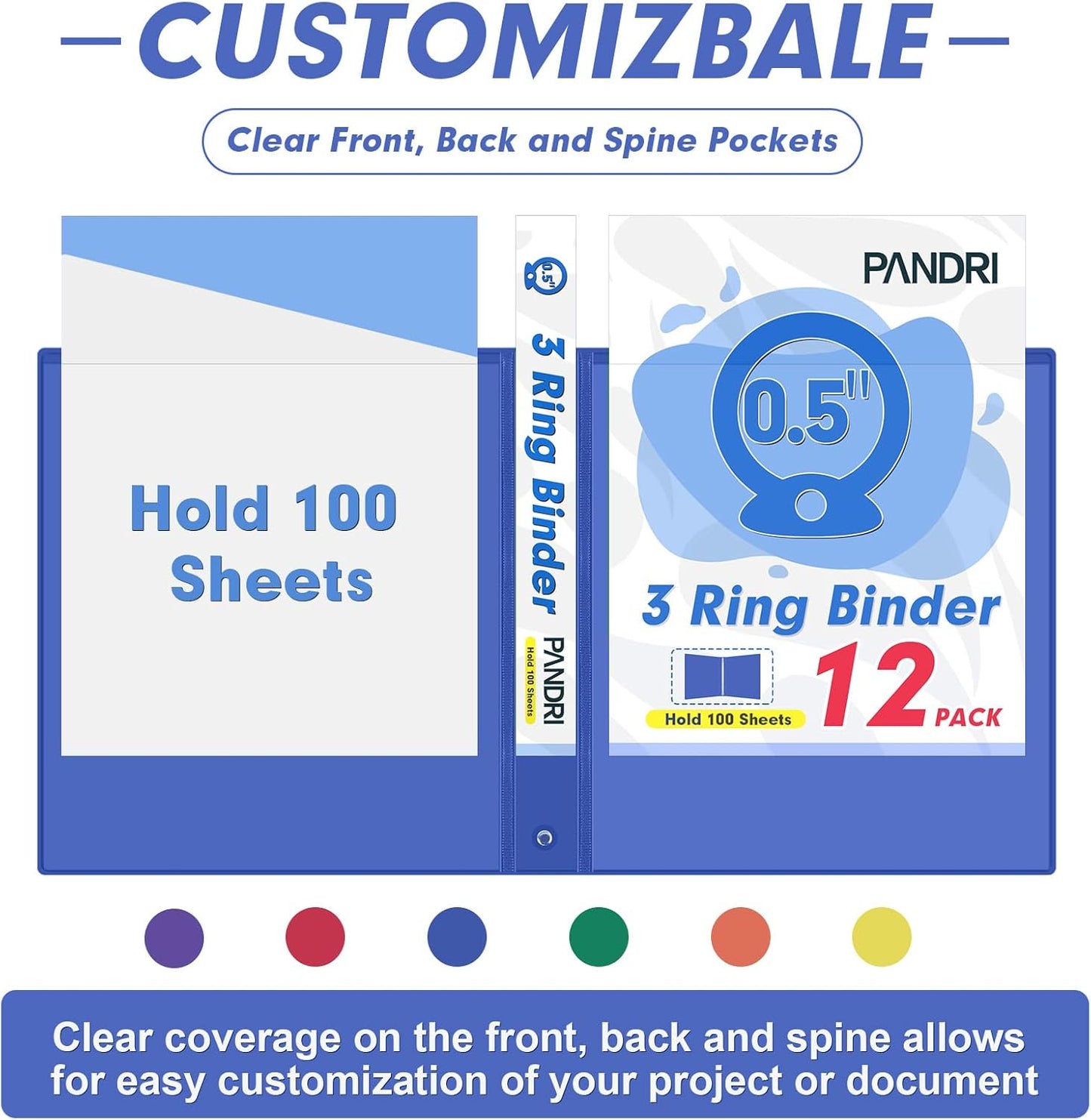 3 Ring Binder 0.5 Inch, PANDRI 12 Pack 0.5-Inch Binder Fits Letter Size 8.5'' x 11'' Paper, Versatile Binders for Office Home School, 2 Pockets, Color