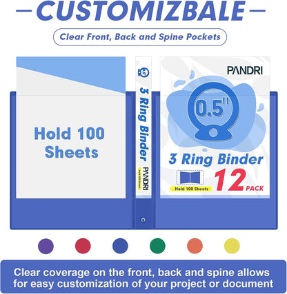 3 Ring Binder 0.5 Inch, PANDRI 12 Pack 0.5-Inch Binder Fits Letter Size 8.5'' x 11'' Paper, Versatile Binders for Office Home School, 2 Pockets, Color