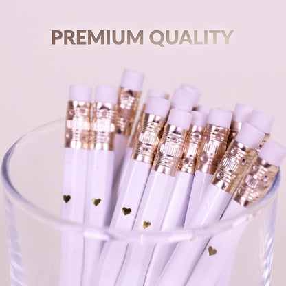 Heart Pencils for Baby Shower Games and Bridal Shower Games, Mini Pencils, Small Pencil Set For Game Prizes, Bridal Pens (White / Gold)