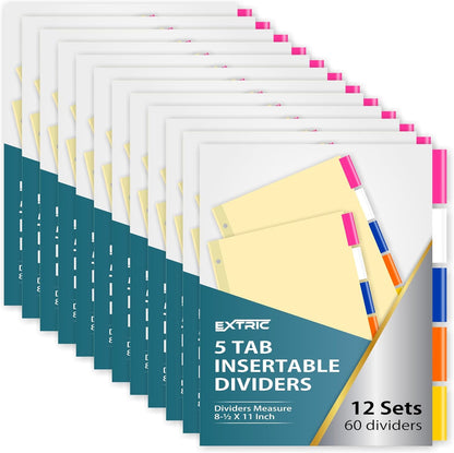 5-Tab Binder Dividers for 3 Ring Binder, Insertable Clear Big Tabs, Letter Size Paper Divider, 8.5 x 11 inch, 6 Sets (30 Dividers Total)