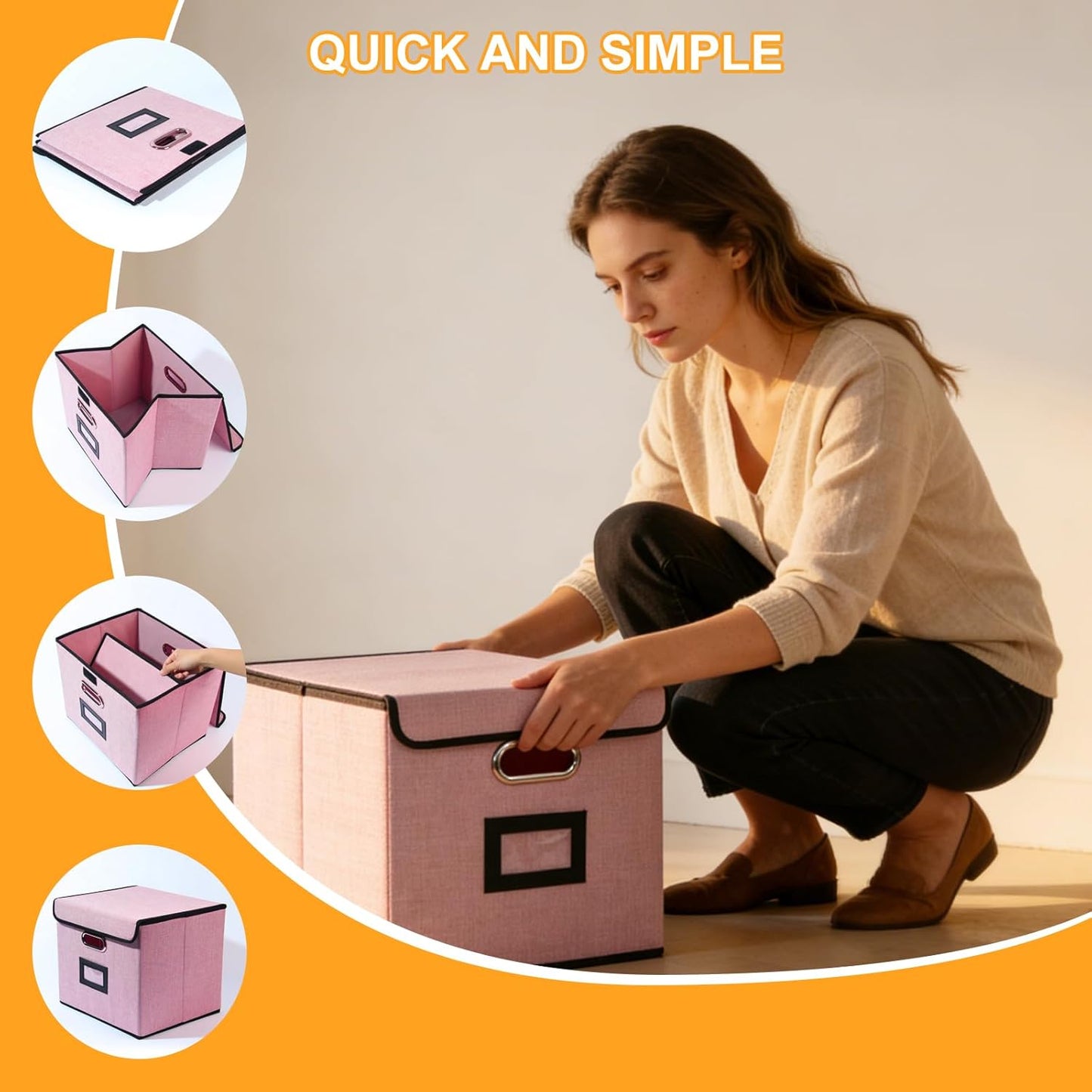 File Storage Box with Lid, 15.55x12.87x10.43 Inches, Foldable Organizer with Handles & Label Slot, for File Storage, Home, Office, and Closet Organization(Pink)