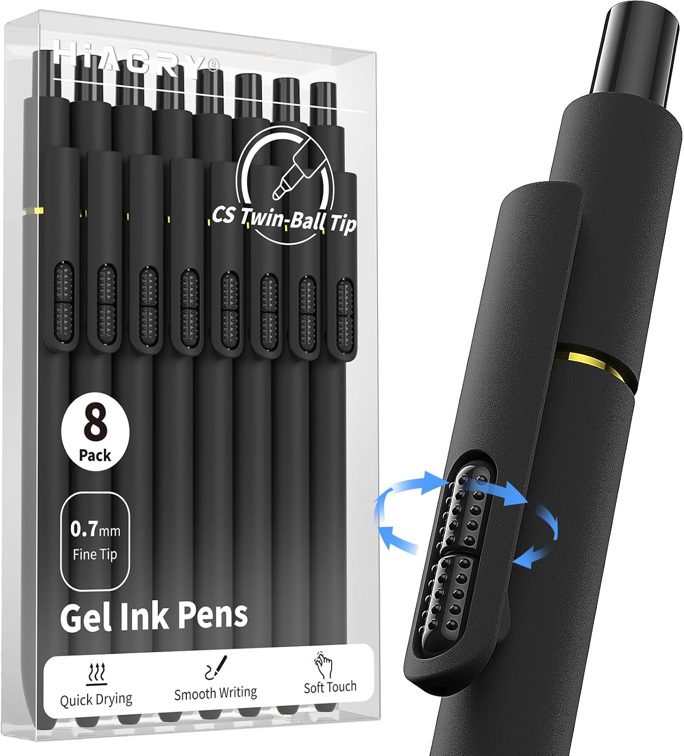 Hiacry 8 Pcs Gel Pens - 0.7mm Fine Point Smooth Writing Black Ink, Quick-Dry Long Lasting Fidge Pens, School & Office Supplies for Men Women