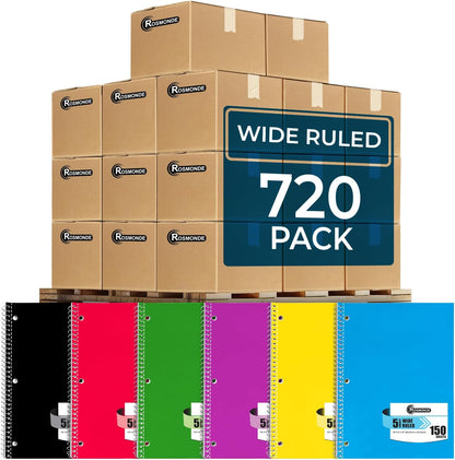 Rosmonde 5 Subject Notebook Wide Ruled, 6 Pack, 300 Pages (150 Sheets), 8 x 10-1/2", 5 Subject Spiral Notebook with Dividers, Thick Paper Fights Ink Bleed, 3 Hole Punched, Spiral Notebooks for School