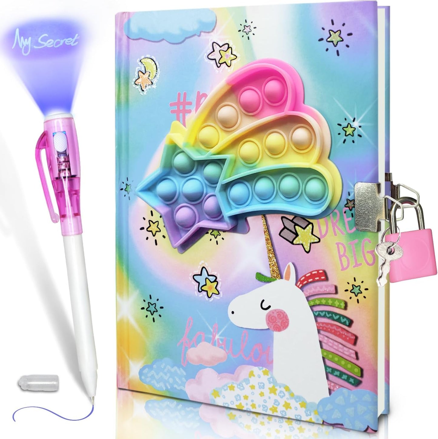 Pop Girls Diary with Lock and Invisible Ink Double-end Pen, 7.5x5.4” 160 Lined Page Fidget Colorful Heart Girls Journal for Kids Secret Notebook Pen Set Birthday Gifts for Girls 5 6 7 8 9 10 Years Old
