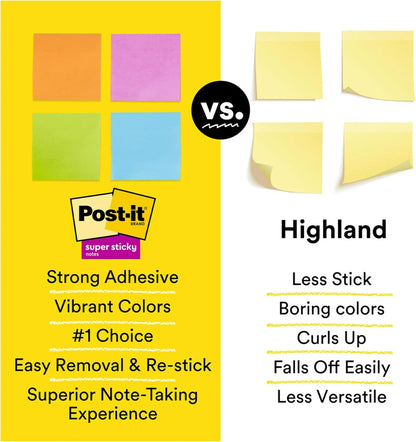 Post-it Super Sticky Notes, 24 Sticky Note Pads, 3 x 3 in, School Supplies, Office Products, Notes for Vertical Surfaces, Monitors, Walls and Windows, Bus Cabinet Pack